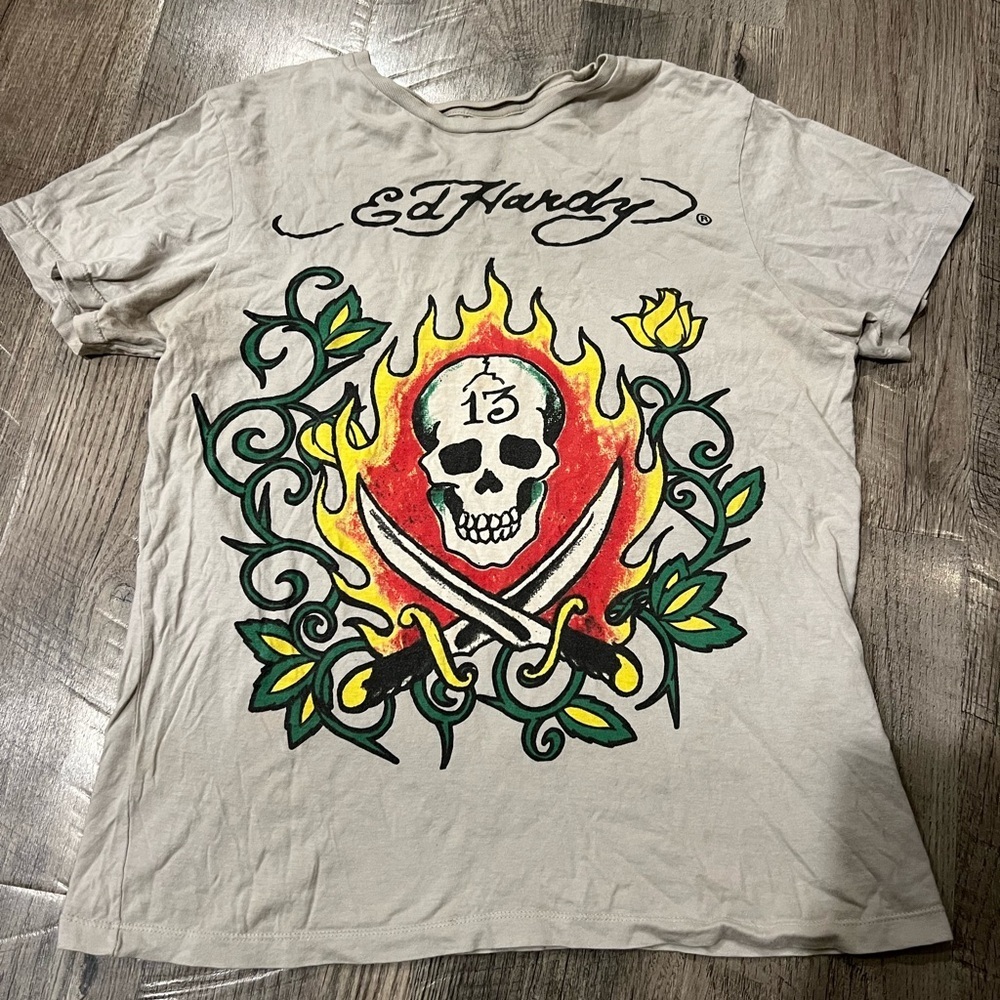 Ed Hardy Graphic Tee in Cream with Red, Yellow, Green